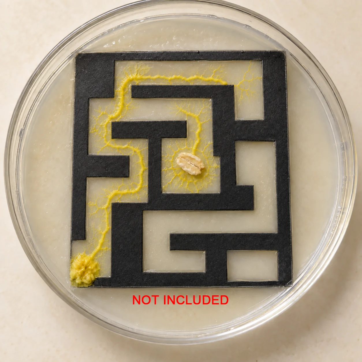 Illustrative slime mould experiment in a maze with an oat flake; maze and dish are not included in the Xenling kit